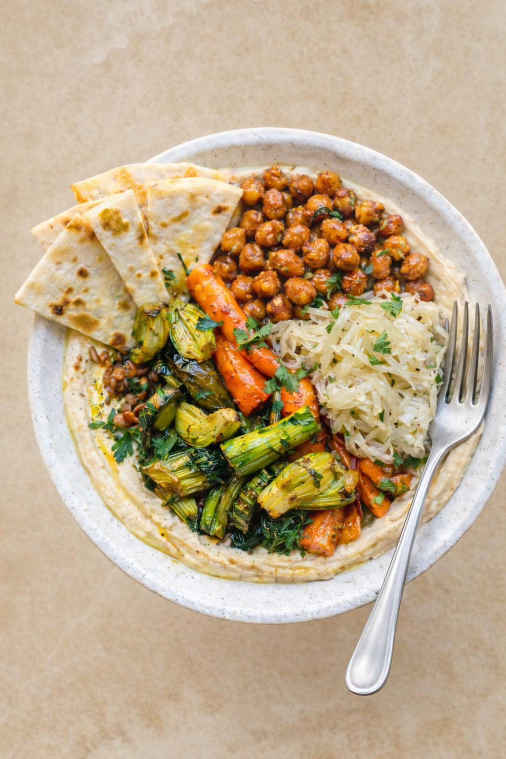 raybake houmous bowl topped with roasted vegetables, chickpeas and live fermented sauerkraut, served with flatbread.