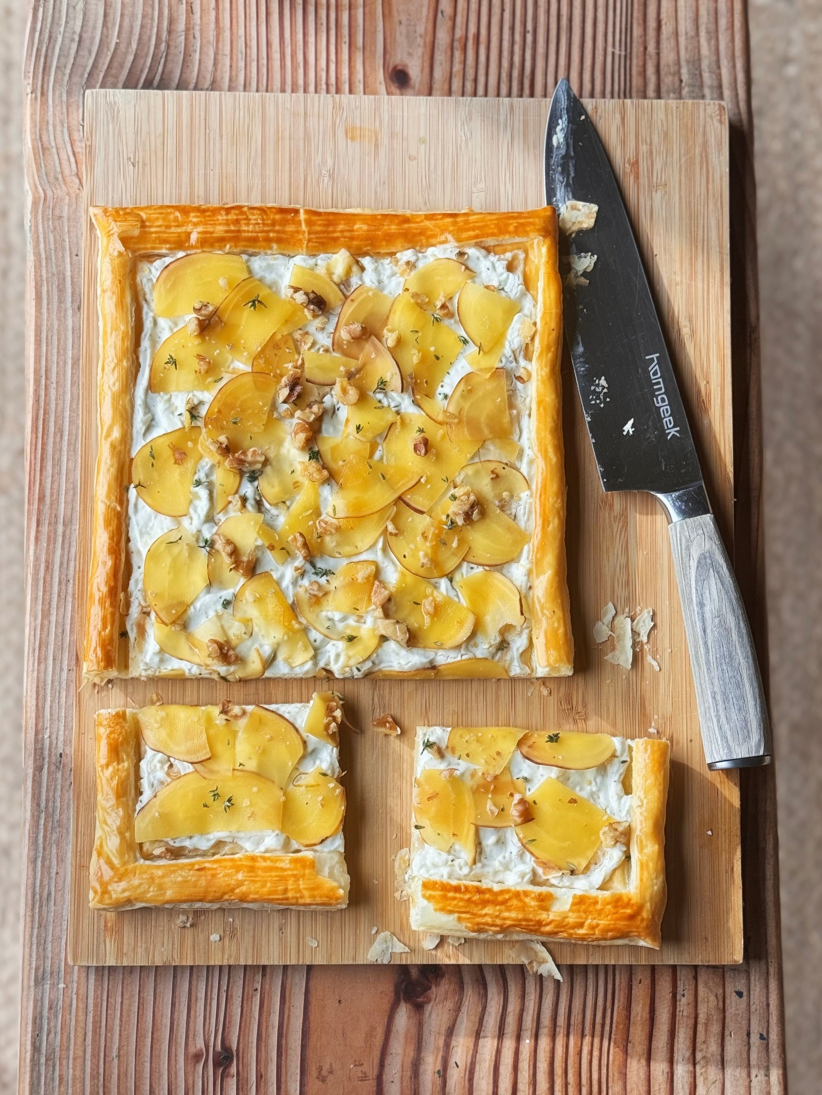 Beetroot, ricotta & Feta Puff Pastry Tart Cut