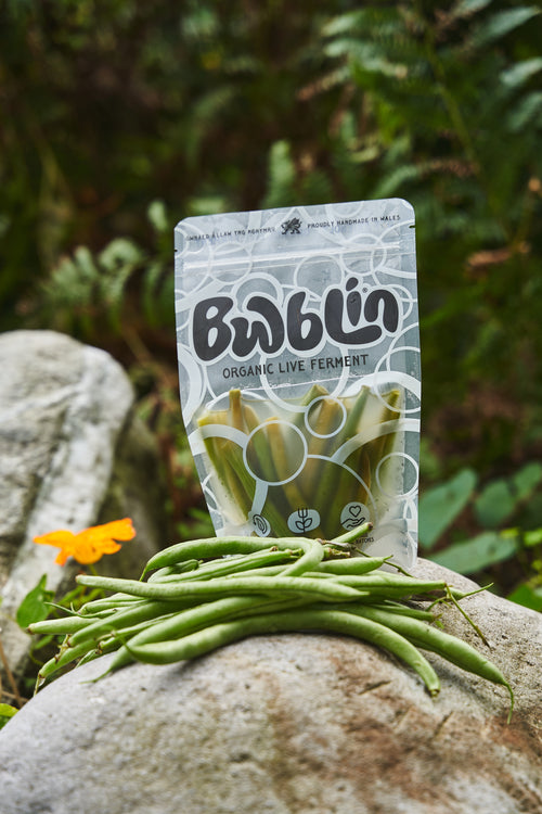 Bwblin organic live ferment package with green beans on a rock