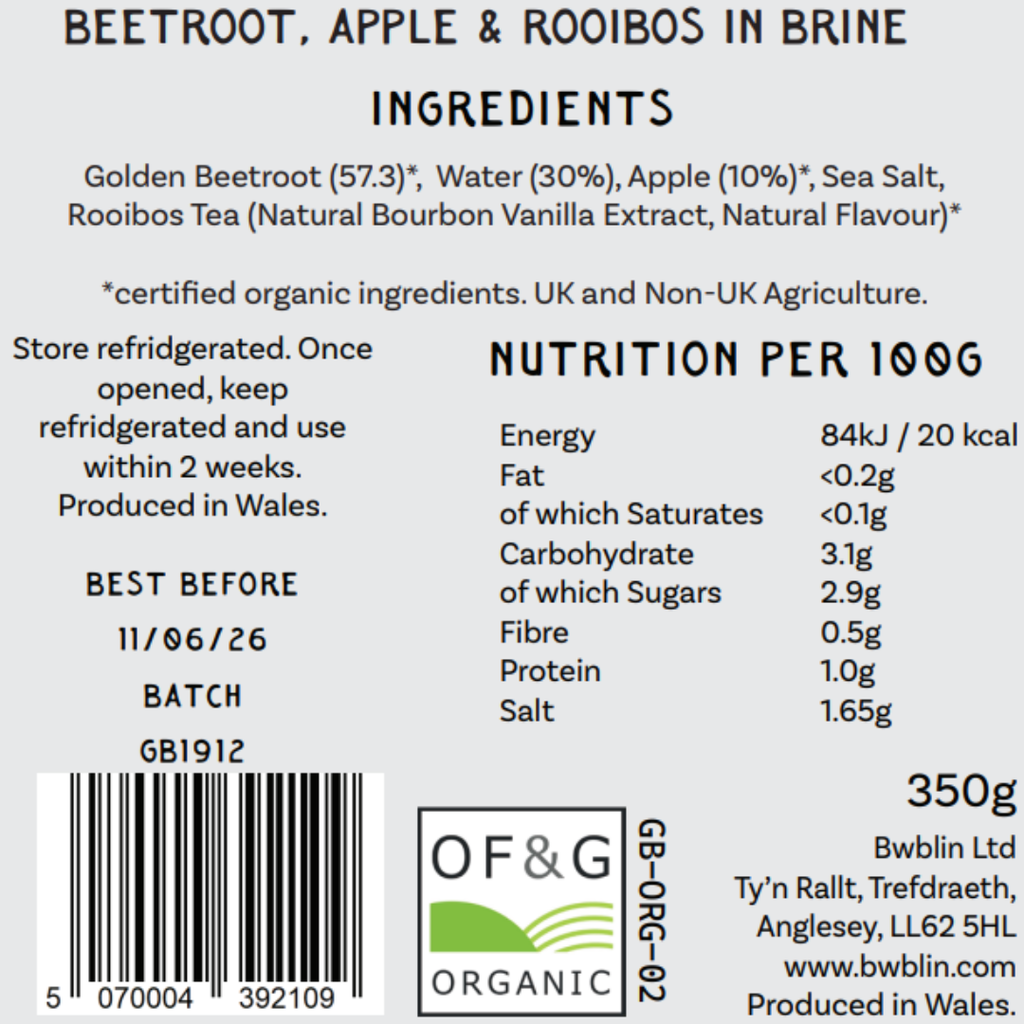 Label of a beetroot, apple, and rooibos product with ingredients, nutrition information, and branding details.