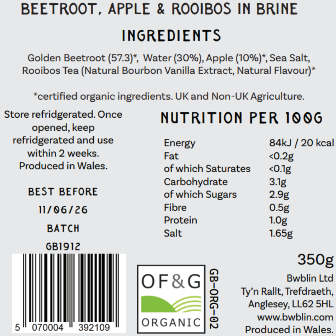 Label of a beetroot, apple, and rooibos product with ingredients, nutrition information, and branding details.