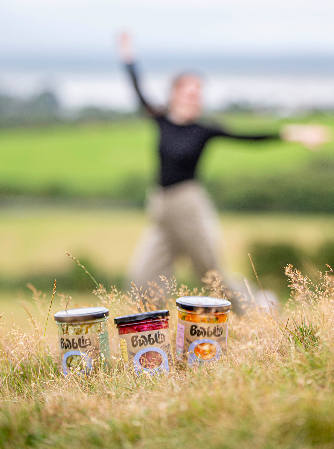 Three Bwblin live ferments in a grassy field with a person in the background.