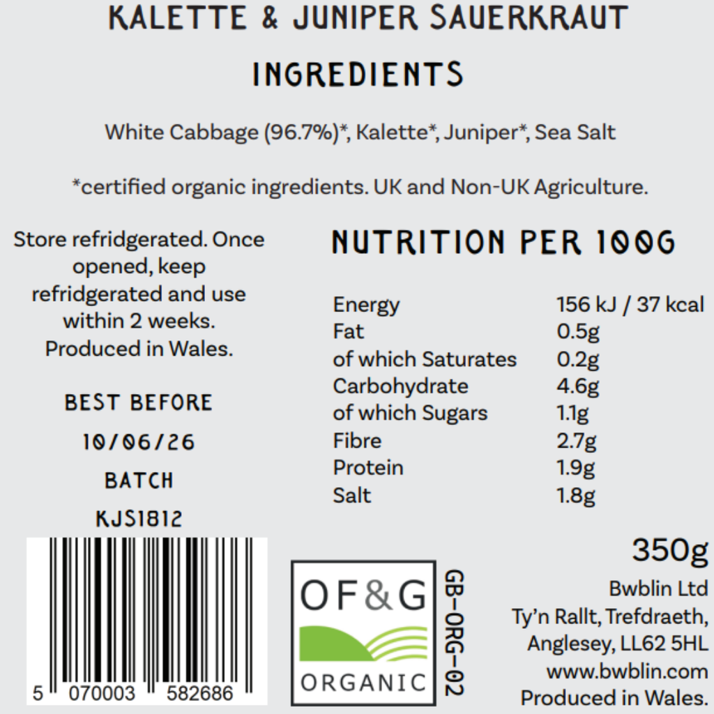 Kalette & Juniper Sauerkraut label with ingredients, nutrition information, and branding details.