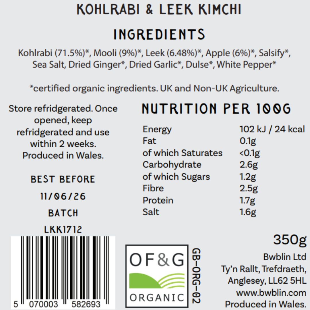 Label of Kohlrabi & Leek Kimchi with ingredients, nutrition information, and branding details.