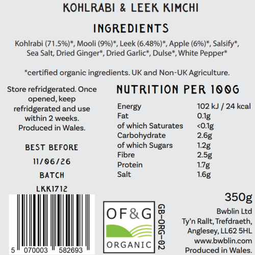Label of Kohlrabi & Leek Kimchi with ingredients, nutrition information, and branding details.