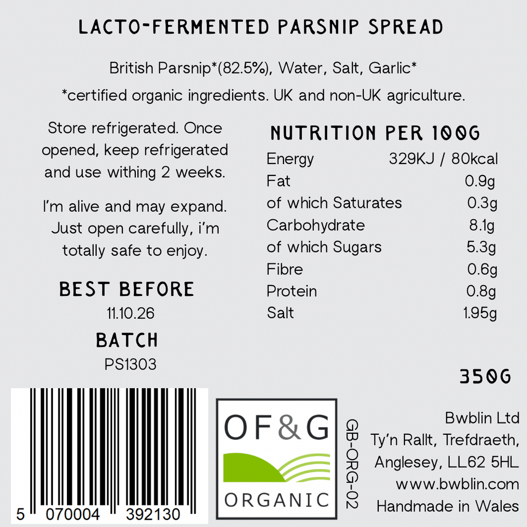 Label for lacto-fermented parsnip spread with nutritional information and branding details.