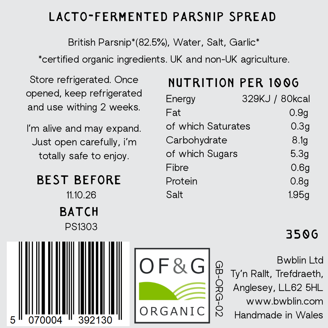 Label for lacto-fermented parsnip spread with nutritional information and branding details.
