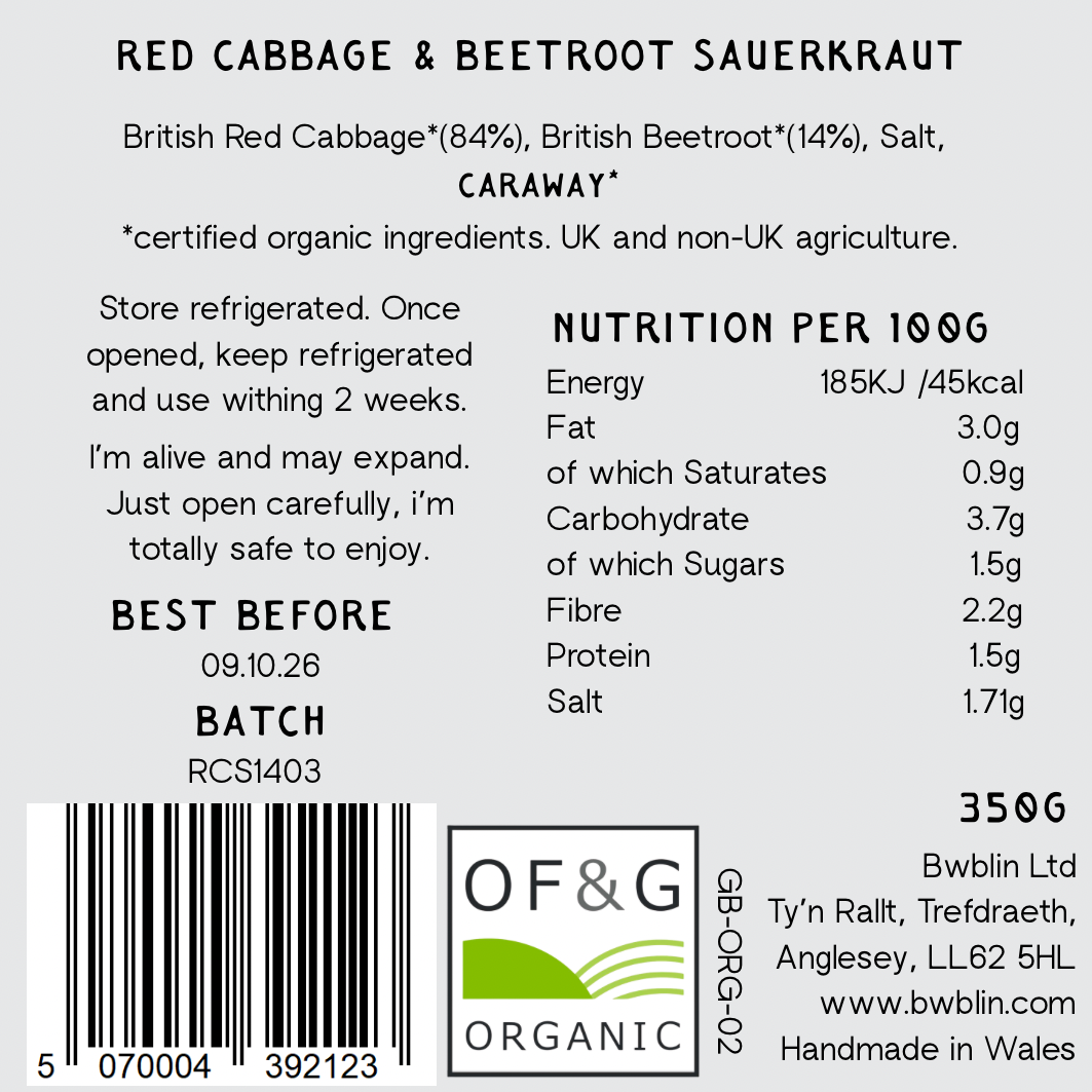 Label for red cabbage and beetroot sauerkraut with ingredients, nutrition facts, and branding information.