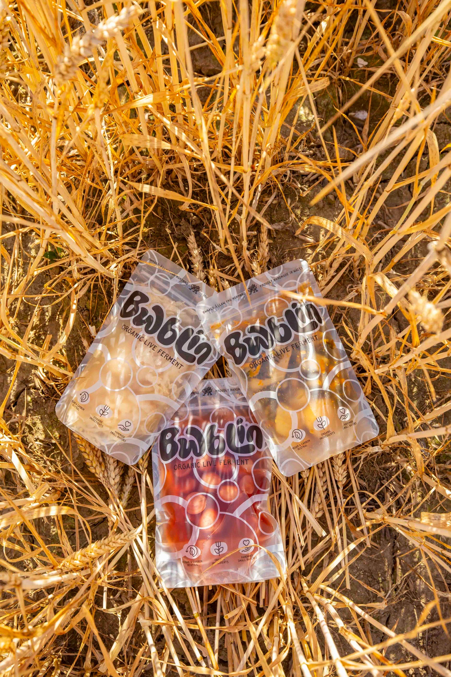 Three small clear plastic bags of Bwblin ferments arranged on a bed of dry golden wheat stalks. The top two bags contain dark purple-black berries, and the bottom bag contains reddish-brown berries.