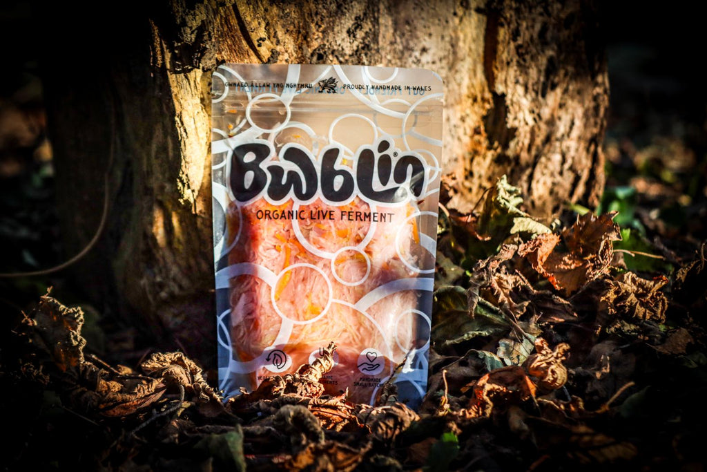 Bag of Bwblin organic live ferments on a leafy background