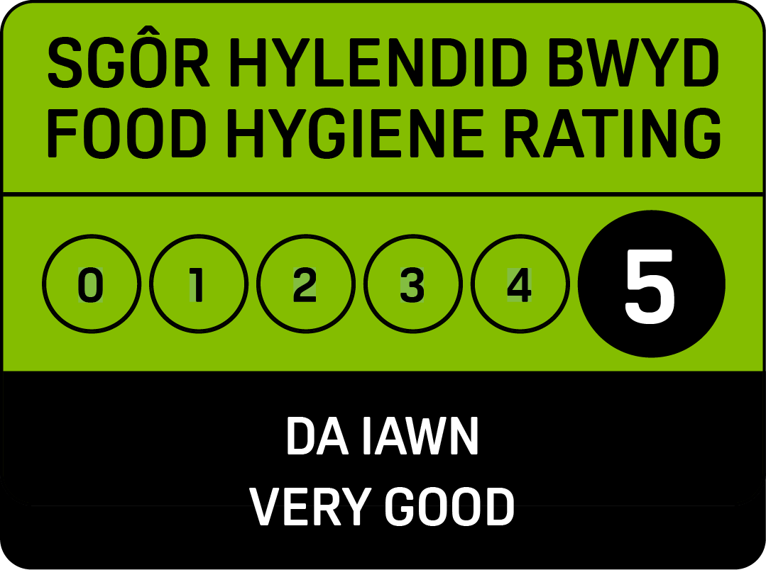 Food hygiene rating sign with a score of 5 on a green background