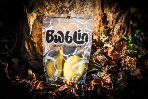 pouch of Bwblin organic live ferment on a leafy background