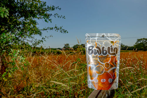 A stand-up pouch of Bwblin placed on a wooden fence post outdoors, with a grassy field and trees in the background under a blue sky.